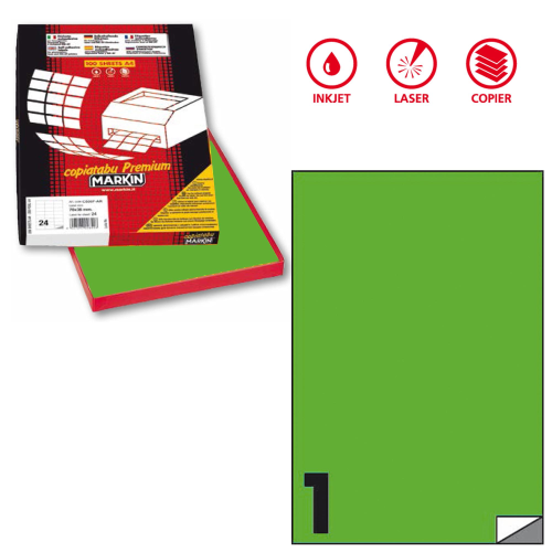 Etichette adesive C/503 - in carta - permanenti - 210 x 297 mm - 1 et/fg - 100 fogli - verde fluo - Markin
